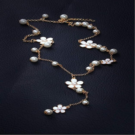 Floral Pearl Long Chain Necklace for Women | Elegant Gold-Plated Front Knot Pendant