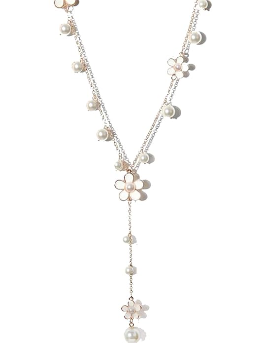 Floral Pearl Long Chain Necklace for Women | Elegant Gold-Plated Front Knot Pendant