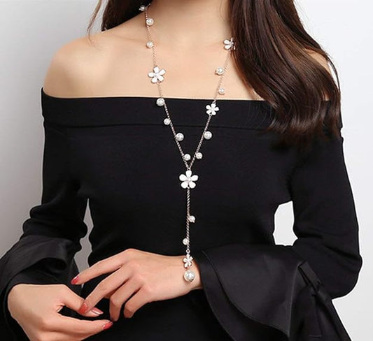 Floral Pearl Long Chain Necklace for Women | Elegant Gold-Plated Front Knot Pendant