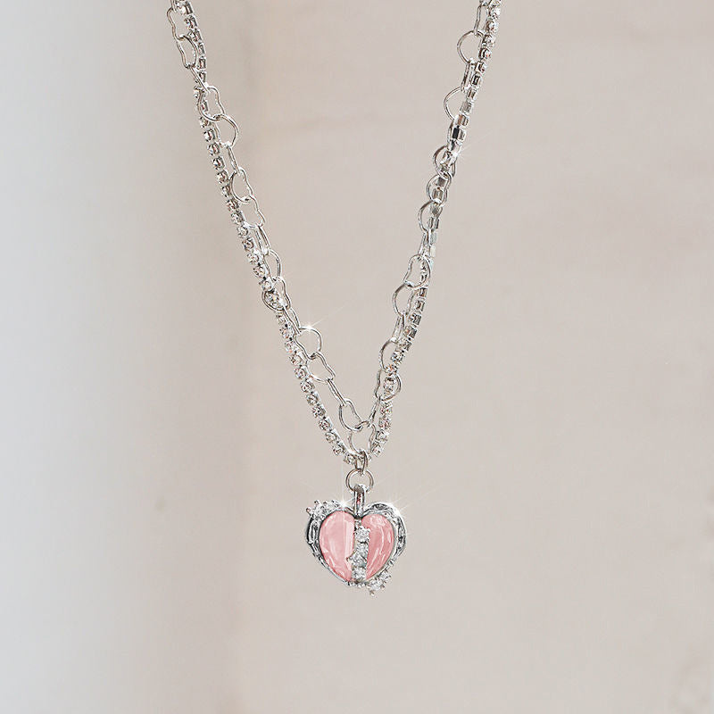 Silver-Tone Pink Heart Pendant Necklace | Elegant Romantic Jewelry