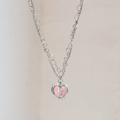 Silver-Tone Pink Heart Pendant Necklace | Elegant Romantic Jewelry