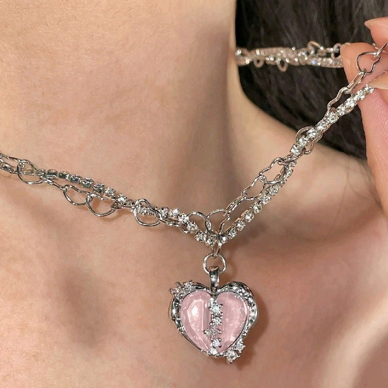 Silver-Tone Pink Heart Pendant Necklace | Elegant Romantic Jewelry