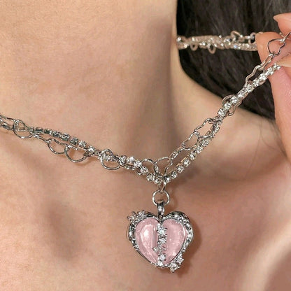 Silver-Tone Pink Heart Pendant Necklace | Elegant Romantic Jewelry