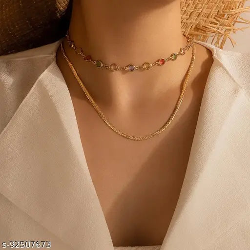 Gold-Plated Colorful Crystal Layered Necklace | Vibrant Statement Jewelry for Women