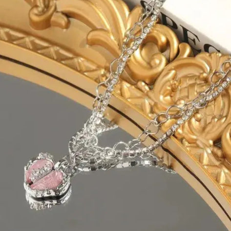 Silver-Tone Pink Heart Pendant Necklace | Elegant Romantic Jewelry