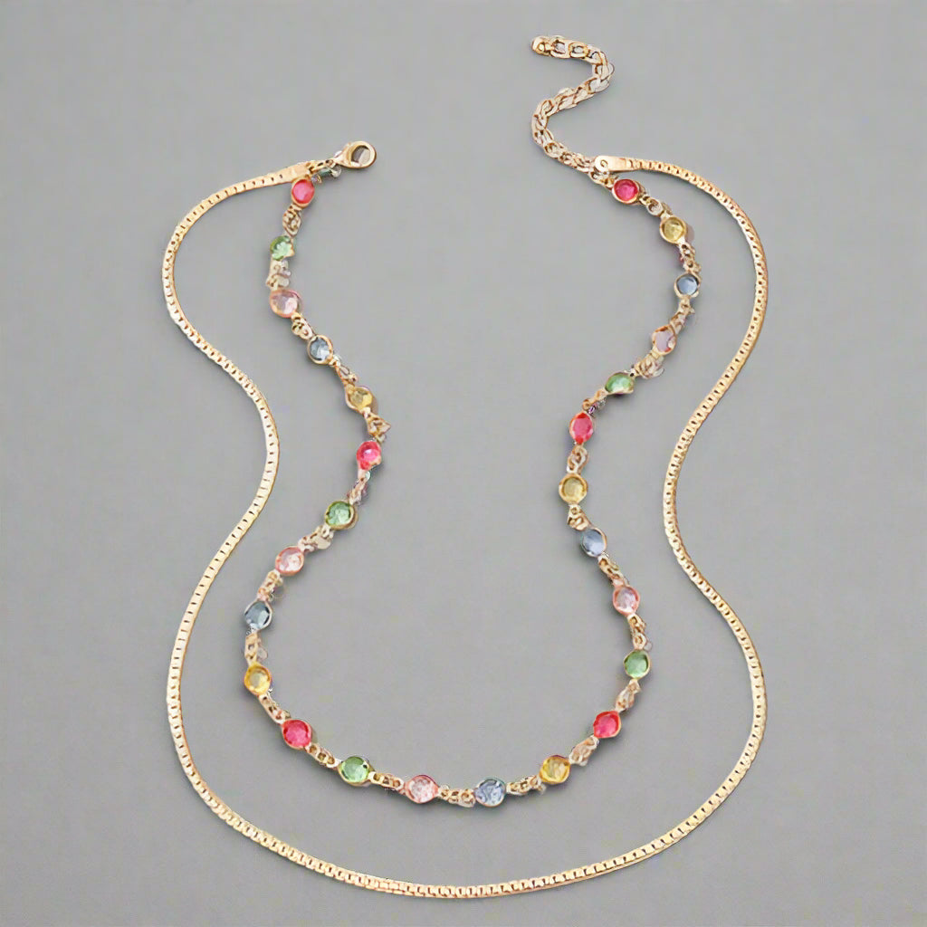 Gold-Plated Colorful Crystal Layered Necklace | Vibrant Statement Jewelry for Women