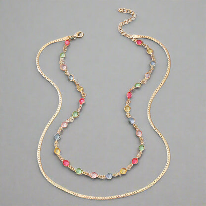 Gold-Plated Colorful Crystal Layered Necklace | Vibrant Statement Jewelry for Women