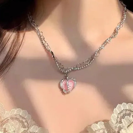 Silver-Tone Pink Heart Pendant Necklace | Elegant Romantic Jewelry